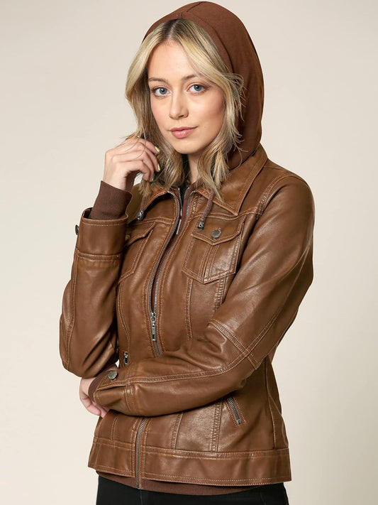 XAYWEAR brown women leather jacket with hood and zippered front on blonde model