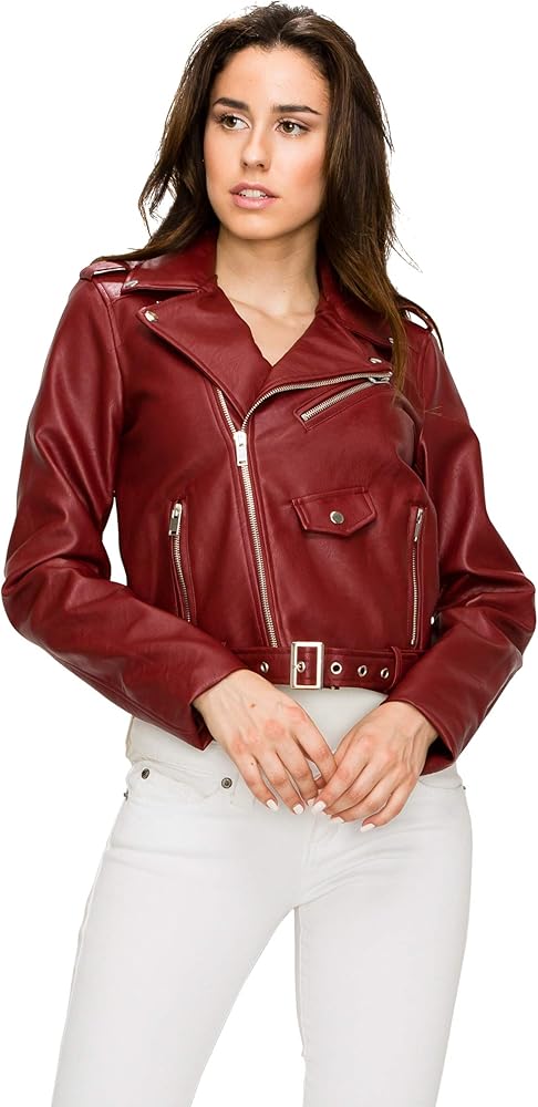 XAYWEAR women moto leather jacket in red with silver zippers and belt detail