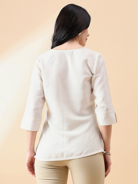 XAYWEAR beige striped top and pants women outfit with 3-quarter sleeves and casual fit