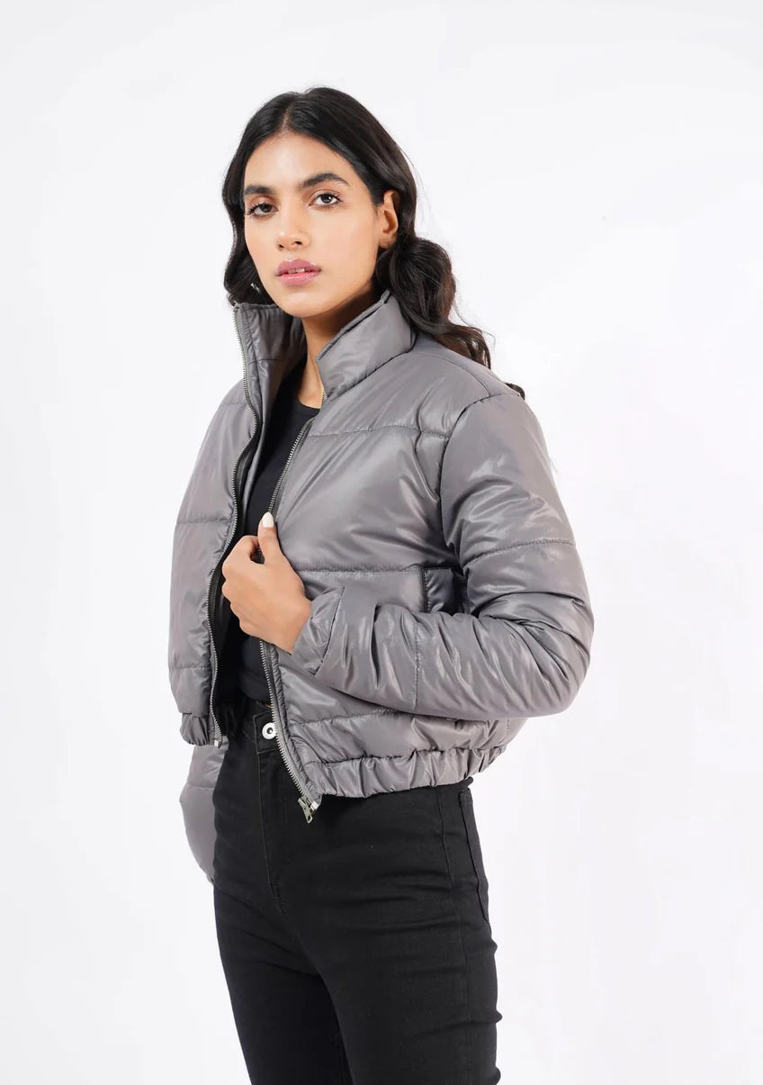 Stylish XAYWEAR women puffer jacket in gray with a fitted design for warmth and comfort
