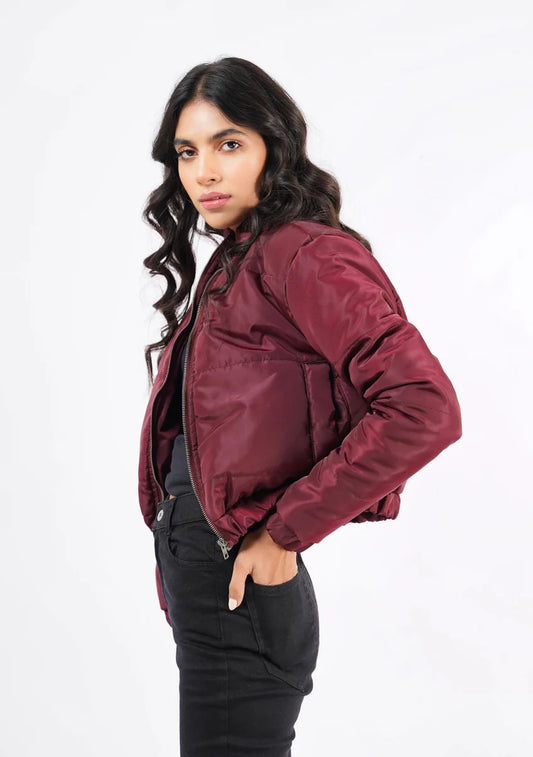XAYWEAR women's puffer jacket in burgundy with a stylish cropped design for warmth and comfort