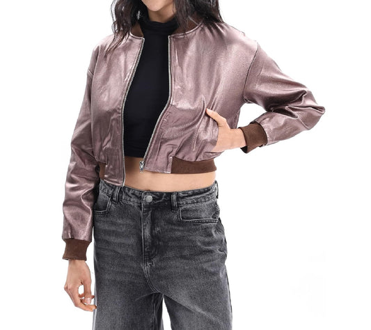 XAYWEAR leather blazer styled as women trim jacket with cropped fit and brown cuffs