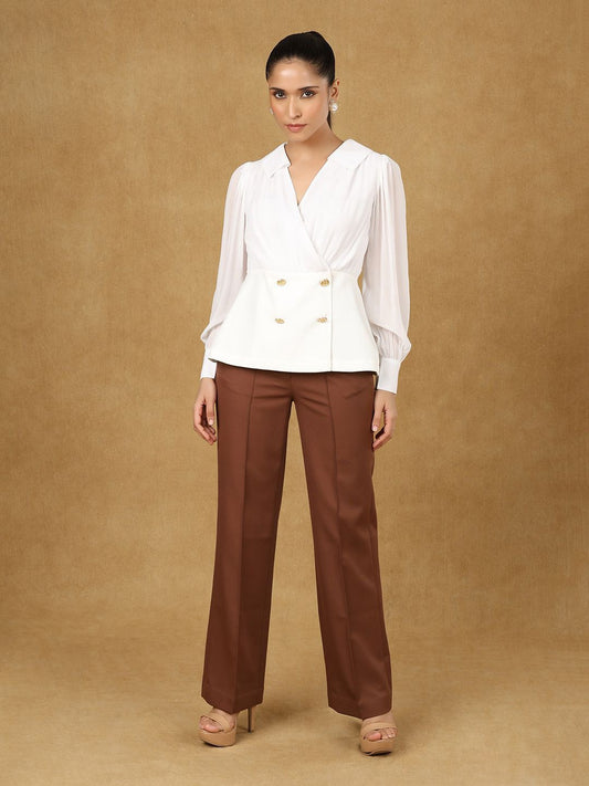 XAYWEAR elegant white blouse for women with gold buttons paired with brown wide-leg pants