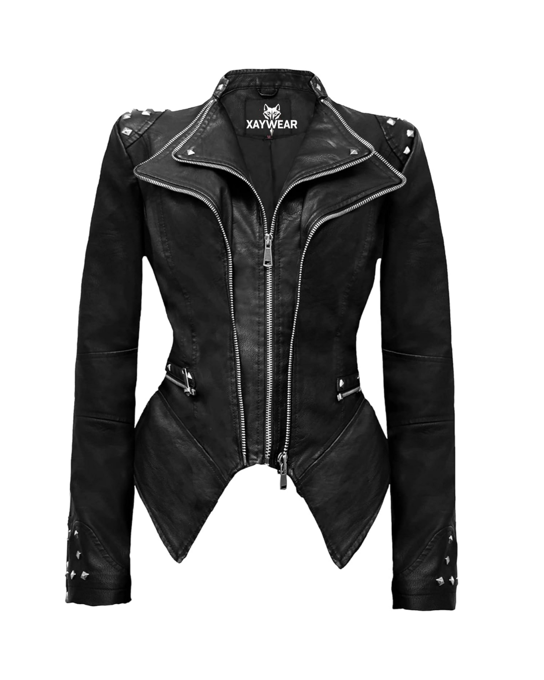 XAYWEAR black leather jacket for women with asymmetrical zipper and studded shoulder details