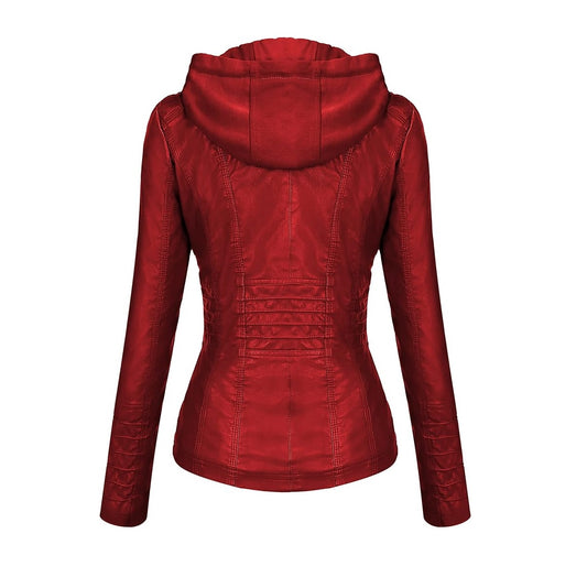 XAYWEAR red leather jacket for women with hood and detailed stitching on back and sleeves