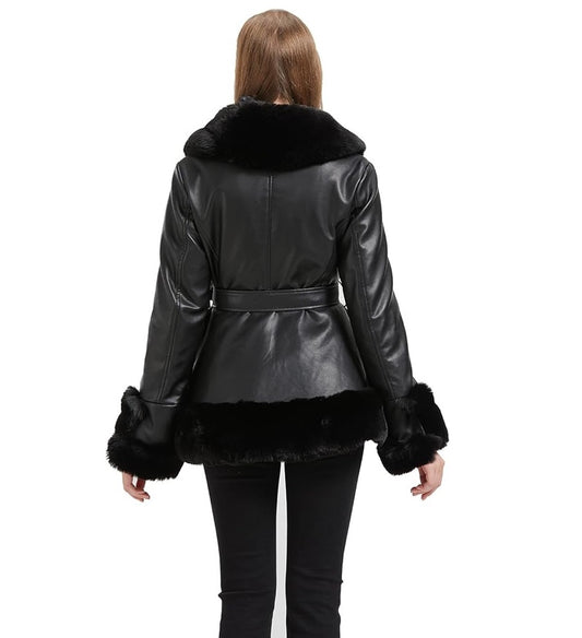 XAYWEAR black winter leather jacket for women with fur collar and cuffs shown from back