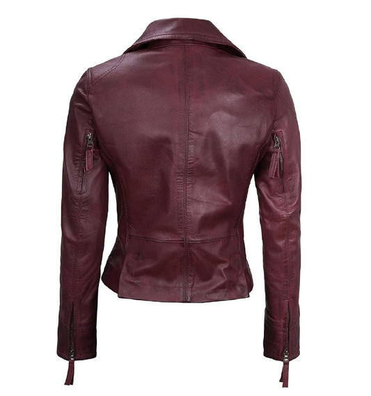 XAYWEAR women burgundy leather jacket biker style with zippered sleeves and fitted design back view