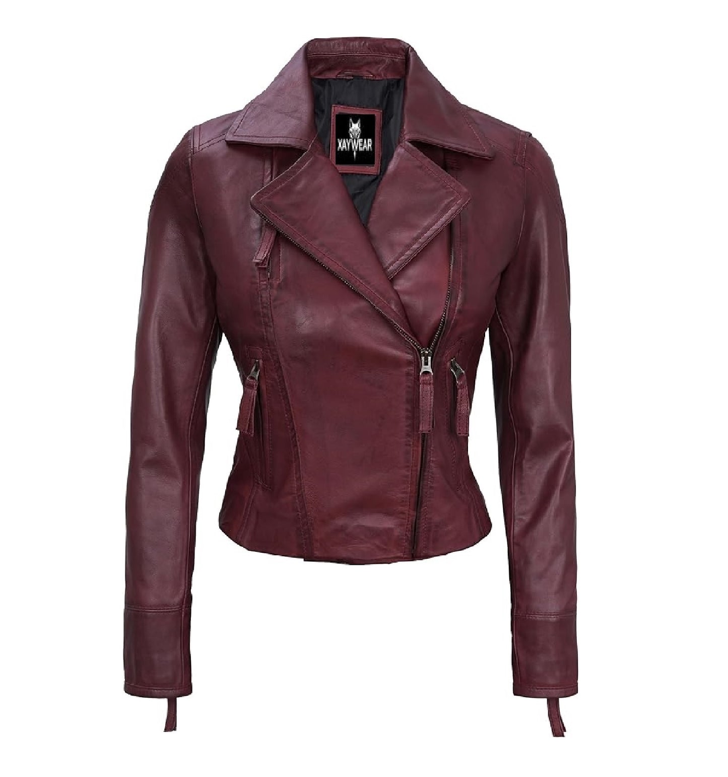 XAYWEAR women burgundy leather jacket biker style with zippered pockets and collar