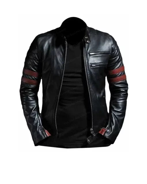 XAYWEAR XR02 leather jacket in black with striped red accents and zippered pockets for a stylish biker look