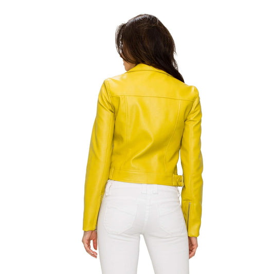 Back view of XAYWEAR yellow leather jacket biker style on woman with white pants