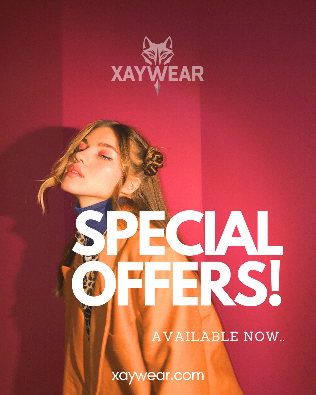 Fashion model wearing stylish clothing with special offers text on pink background for XAYWEAR