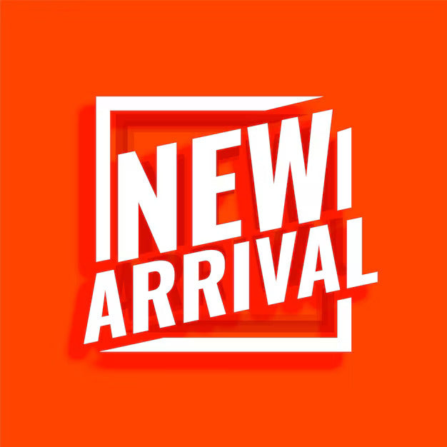 Bright orange background with bold white text announcing new arrival in a modern style