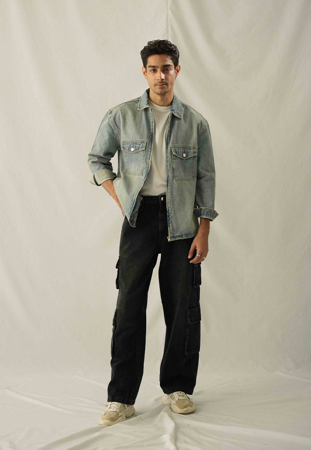 XAYWEAR Relax Fit Zip Up Over Shirt - Tint Over Dyed