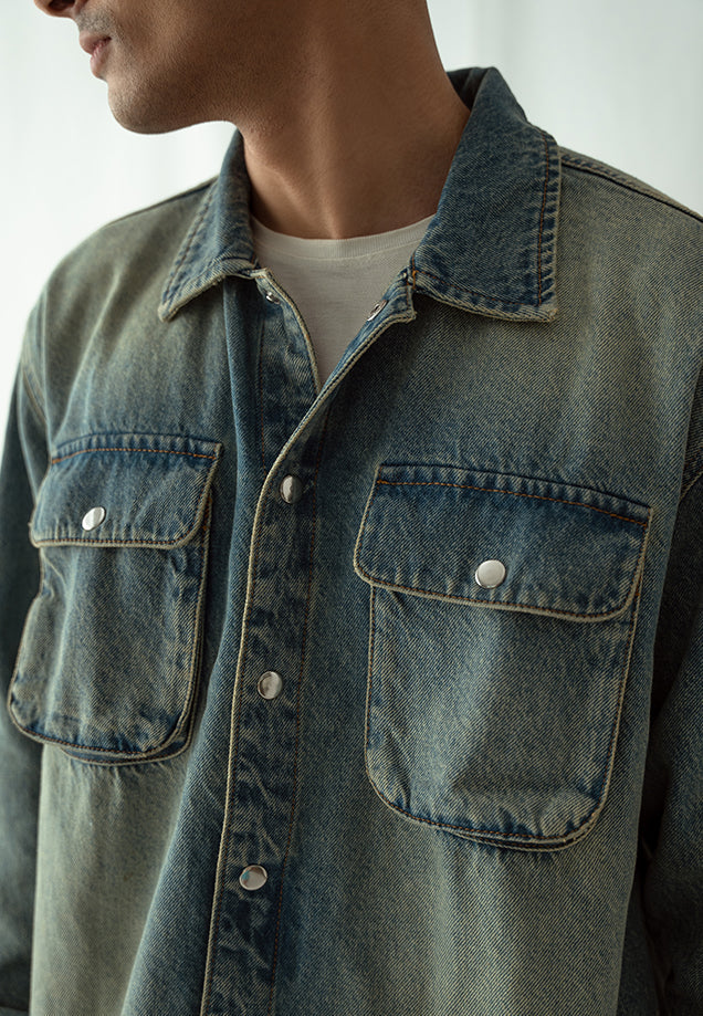 XAYWEAR Denim Over Shirt With Flap Pockets Overdyed