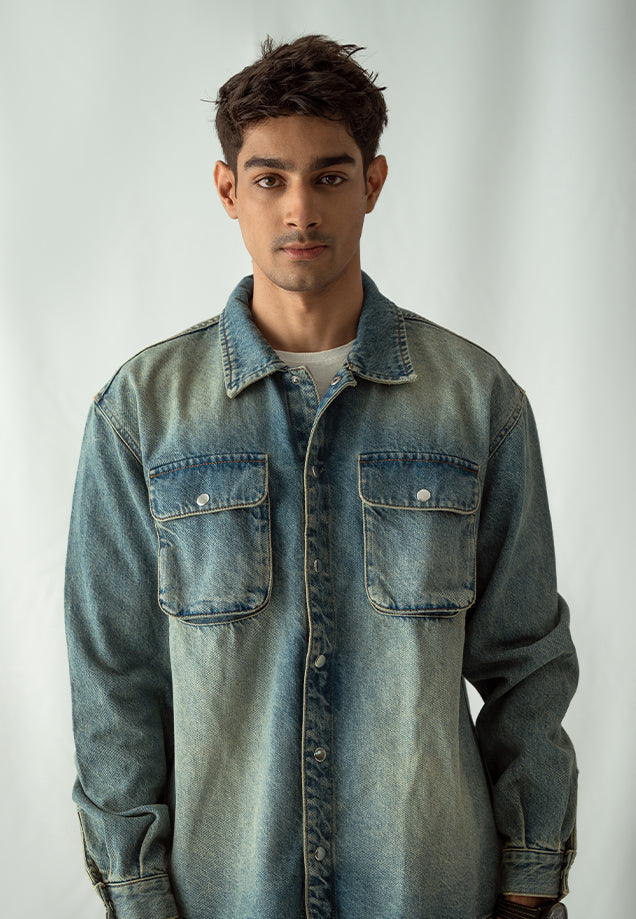 XAYWEAR Denim Over Shirt With Flap Pockets Overdyed