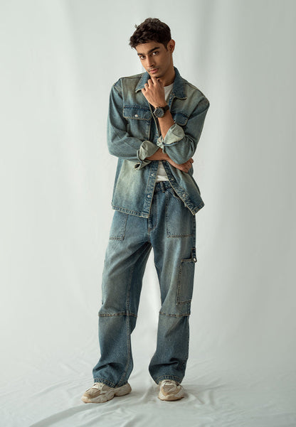 XAYWEAR Denim Over Shirt With Flap Pockets Overdyed