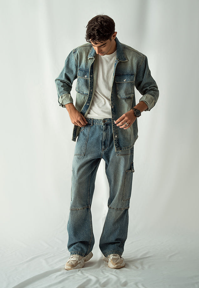 XAYWEAR Denim Over Shirt With Flap Pockets Overdyed