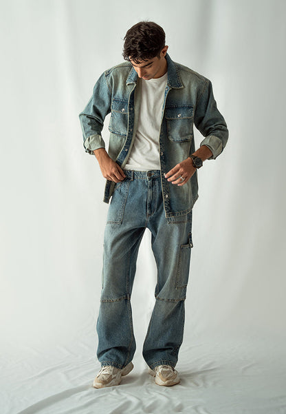 XAYWEAR Denim Over Shirt With Flap Pockets Overdyed