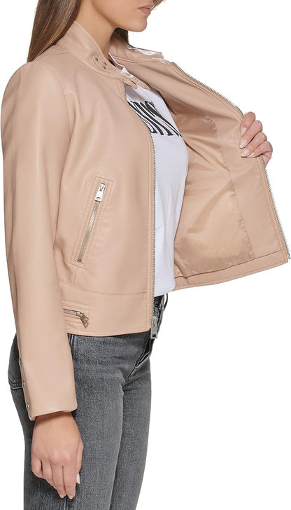 XAYWEAR Stand Collar Faux Leather Jacket with Zipper Detail