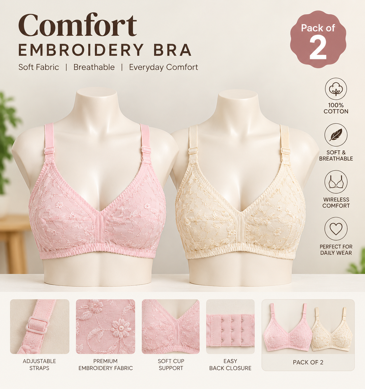 XAYWEAR Embroidery Bra - Comfortable Non-Padded Cotton Bra - PACK OF 3