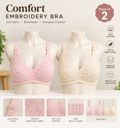 XAYWEAR Embroidery Bra - Comfortable Non-Padded Cotton Bra - PACK OF 3