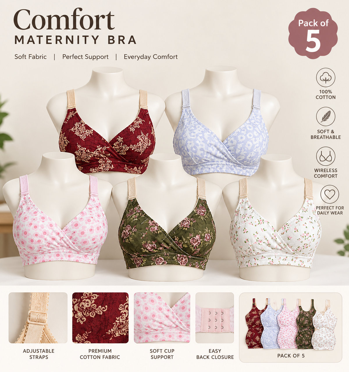 XAYWEAR Non-Padded Cotton Bra – Breathable Printed Design - Pack of 5