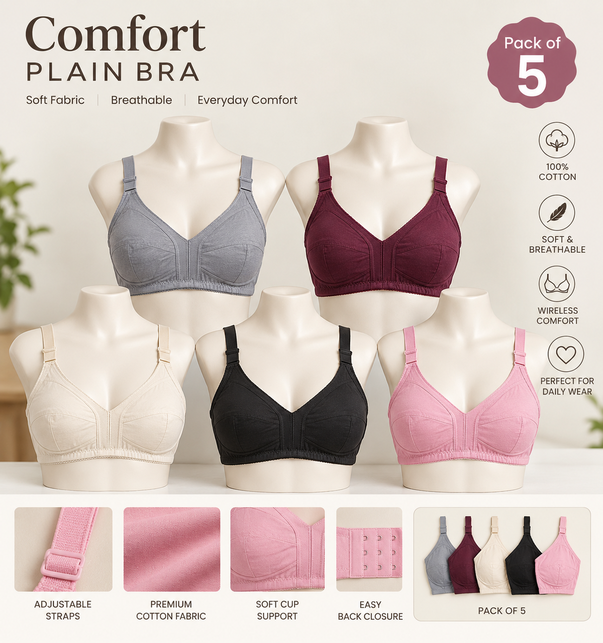 XAYWEAR Premium Cotton Non-Wired Bra – Pack of 5