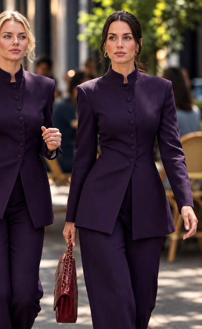 XAYWEAR Royal Plum Mandarin Collar Business Suit