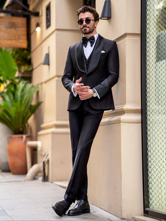 XAYWEAR Men'd Formal Black Slim-Fit Tuxedo 3-Piece Suit