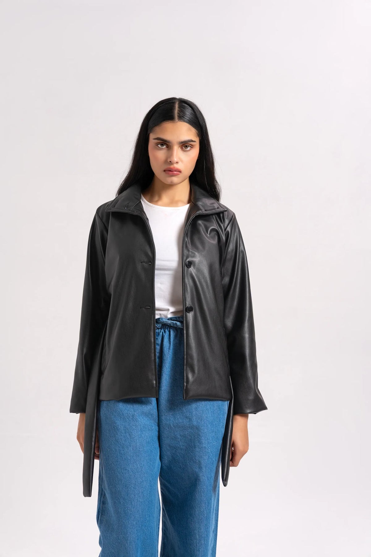 XAYWEAR Funnel Neck Belted Faux Leather Jacket - Black