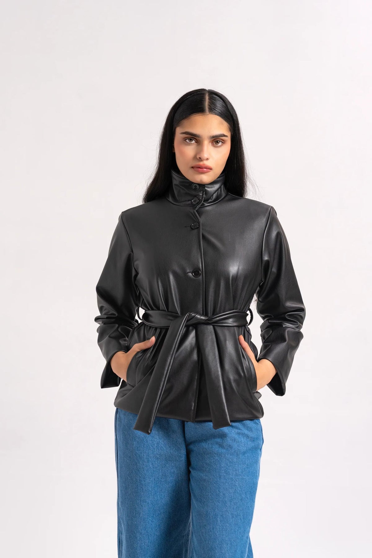 XAYWEAR Funnel Neck Belted Faux Leather Jacket - Black