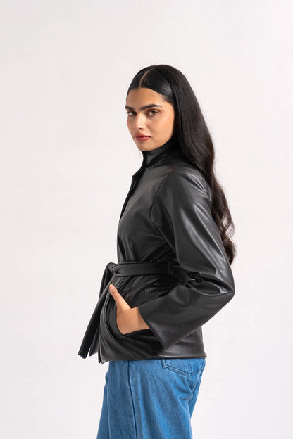 XAYWEAR Funnel Neck Belted Faux Leather Jacket - Black