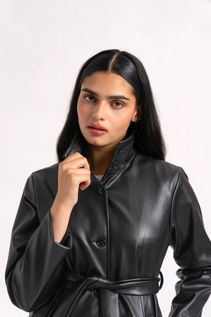 XAYWEAR Funnel Neck Belted Faux Leather Jacket - Black