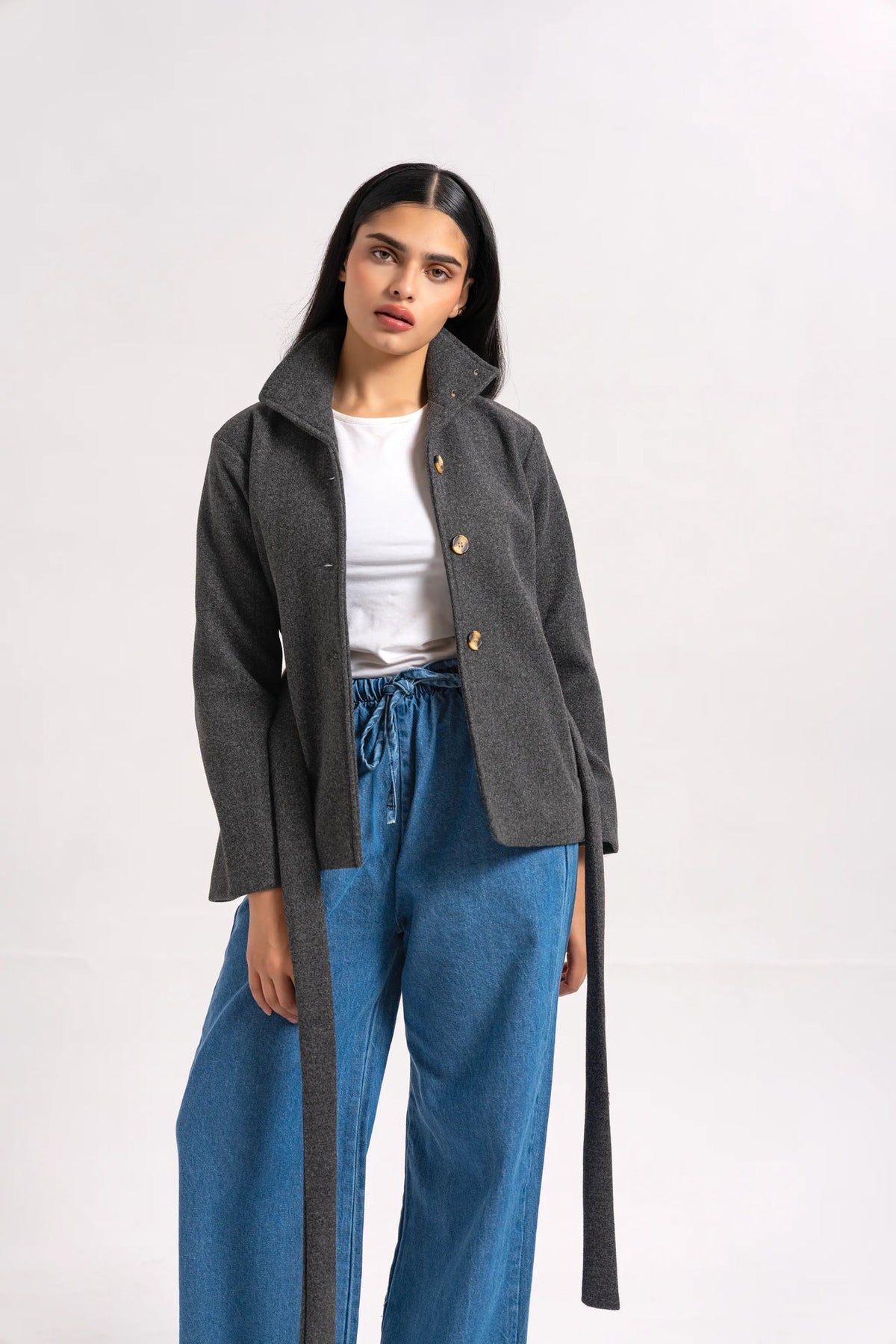 XAYWEAR Funnel Neck Belted Wool Jacket - Charcoal