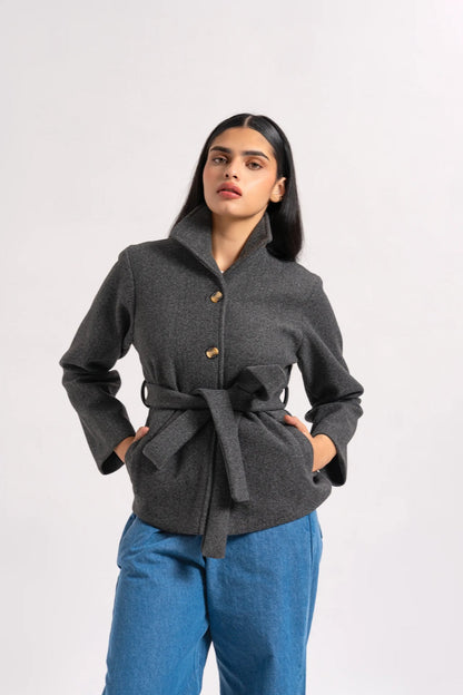 XAYWEAR Funnel Neck Belted Wool Jacket - Charcoal
