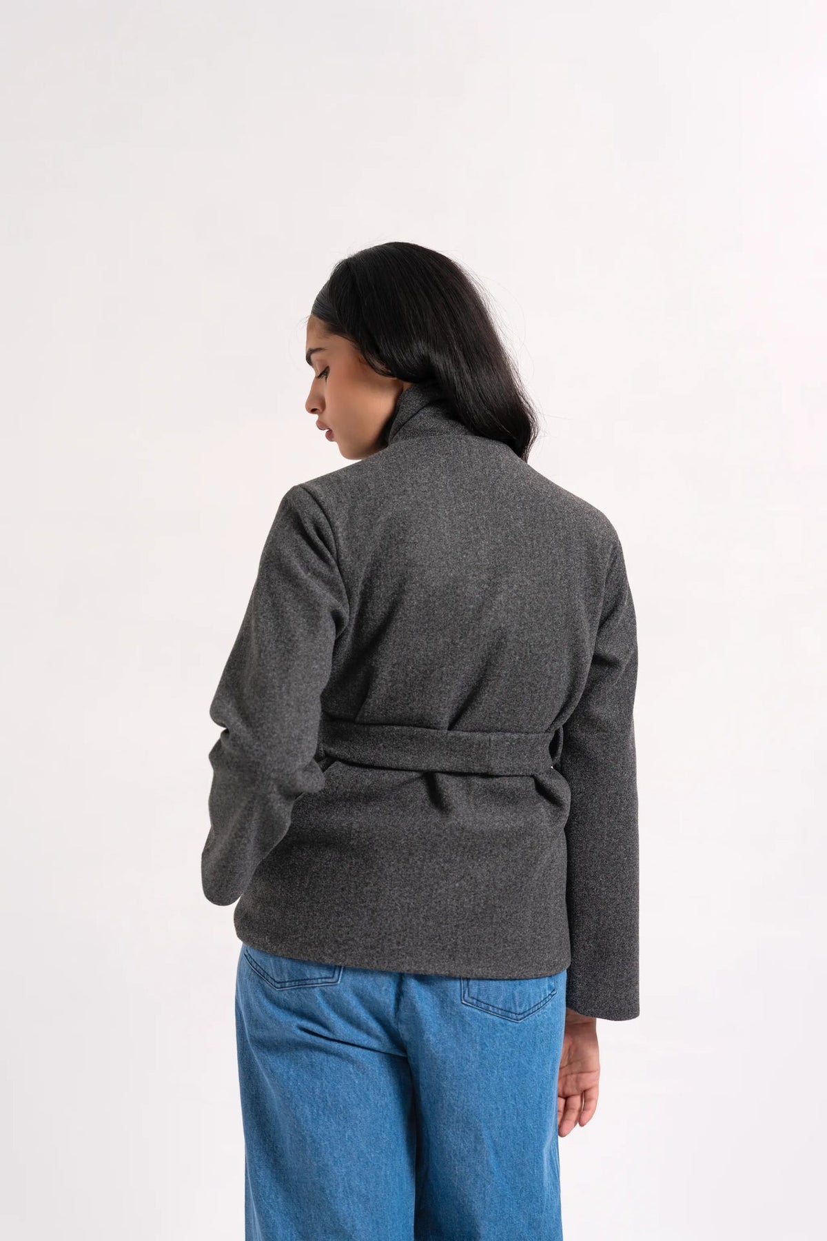 XAYWEAR Funnel Neck Belted Wool Jacket - Charcoal