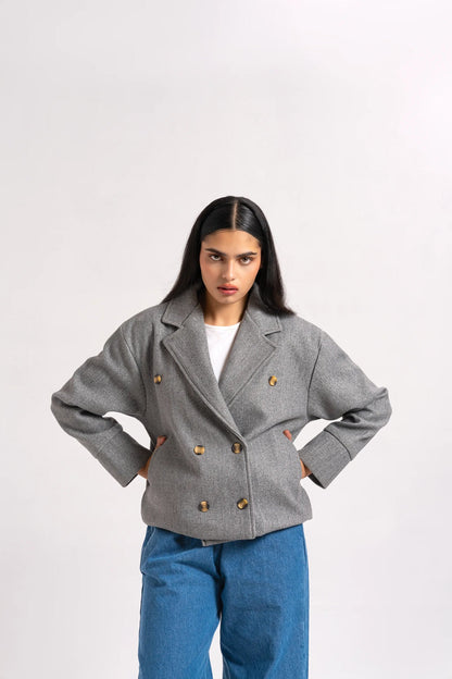 XAYWEAR Double Breasted Wool Jacket - Grey Melange