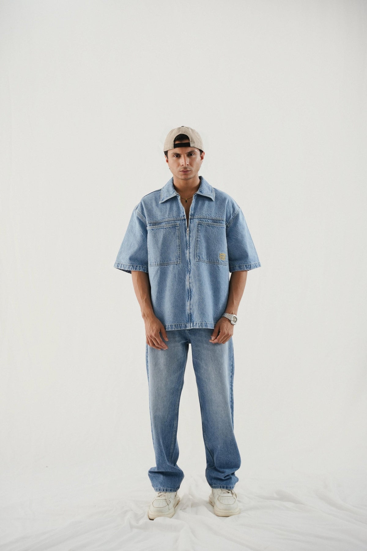 XAYWEAR Boxy Fit Denim Shirt - Washed Out Blue