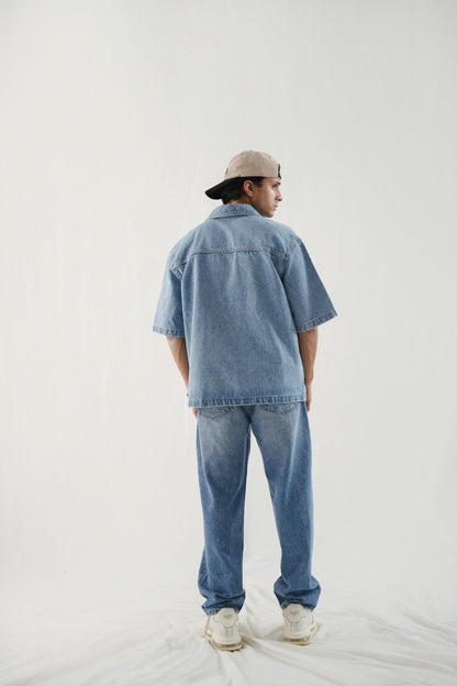 XAYWEAR Boxy Fit Denim Shirt - Washed Out Blue
