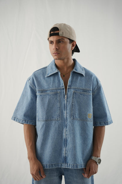 XAYWEAR Boxy Fit Denim Shirt - Washed Out Blue