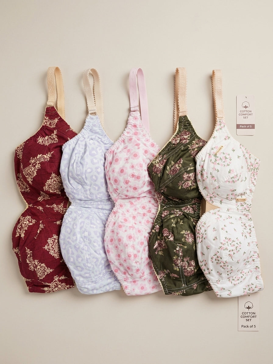 XAYWEAR Non-Padded Cotton Bra – Breathable Printed Design - Pack of 5