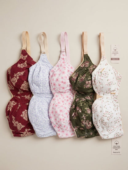 XAYWEAR Non-Padded Cotton Bra – Breathable Printed Design - Pack of 5