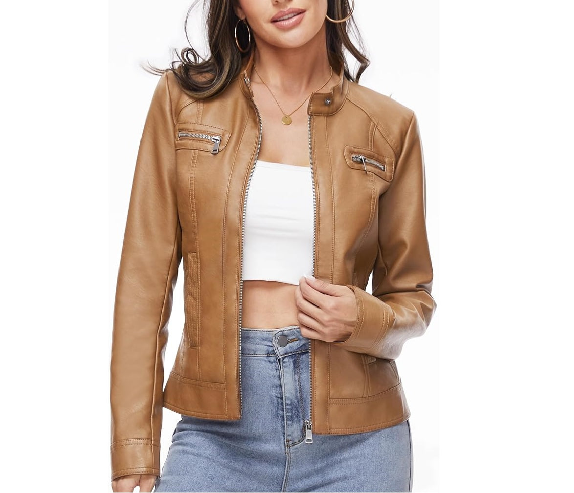 XAYWEAR Women's Faux Leather Moto Jacket in Tan - XAYWEAR