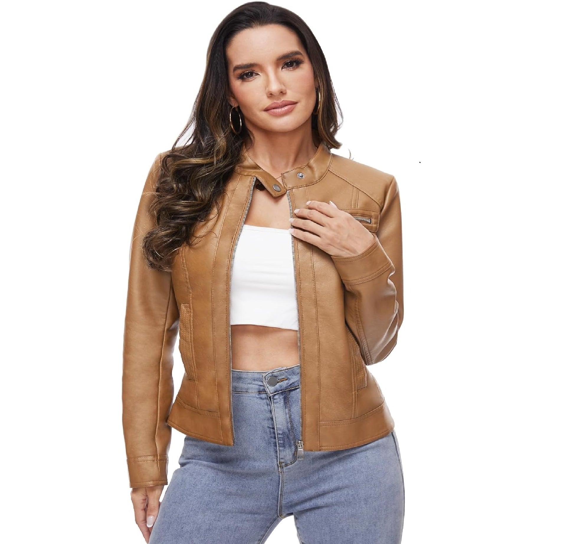 XAYWEAR Women's Faux Leather Moto Jacket in Tan - XAYWEAR