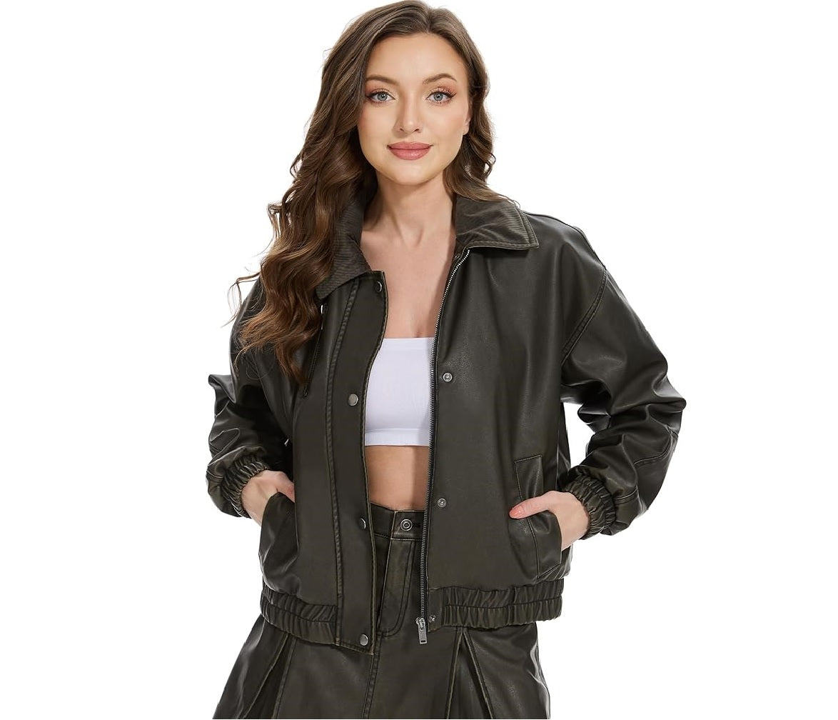 XAYWEAR Women's Faux Leather Bomber Jacket - XAYWEAR