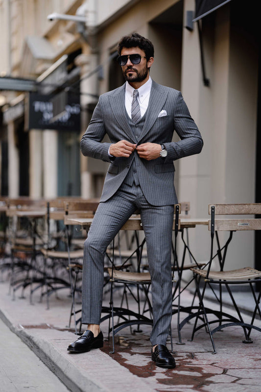 XAYWEAR Men's Grey Striped Slim-Fit Suit 3-Piece Suit