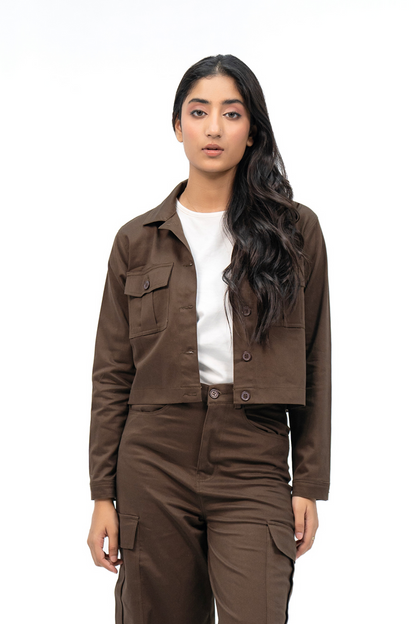 XAYWEAR Cropped Cotton Twill Jacket - Chocolate Brown