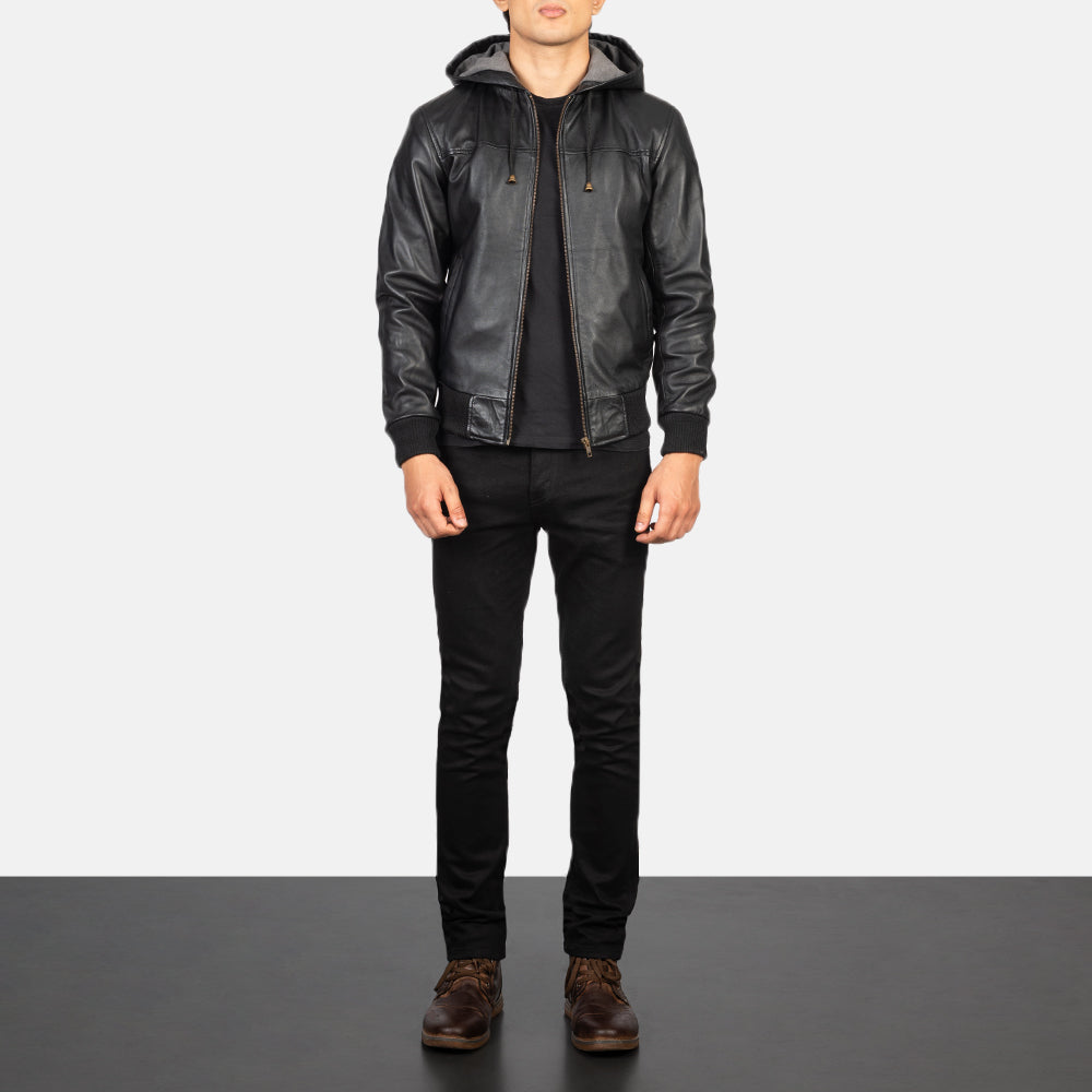 XAYWEAR Black Hooded Leather Bomber Jacket