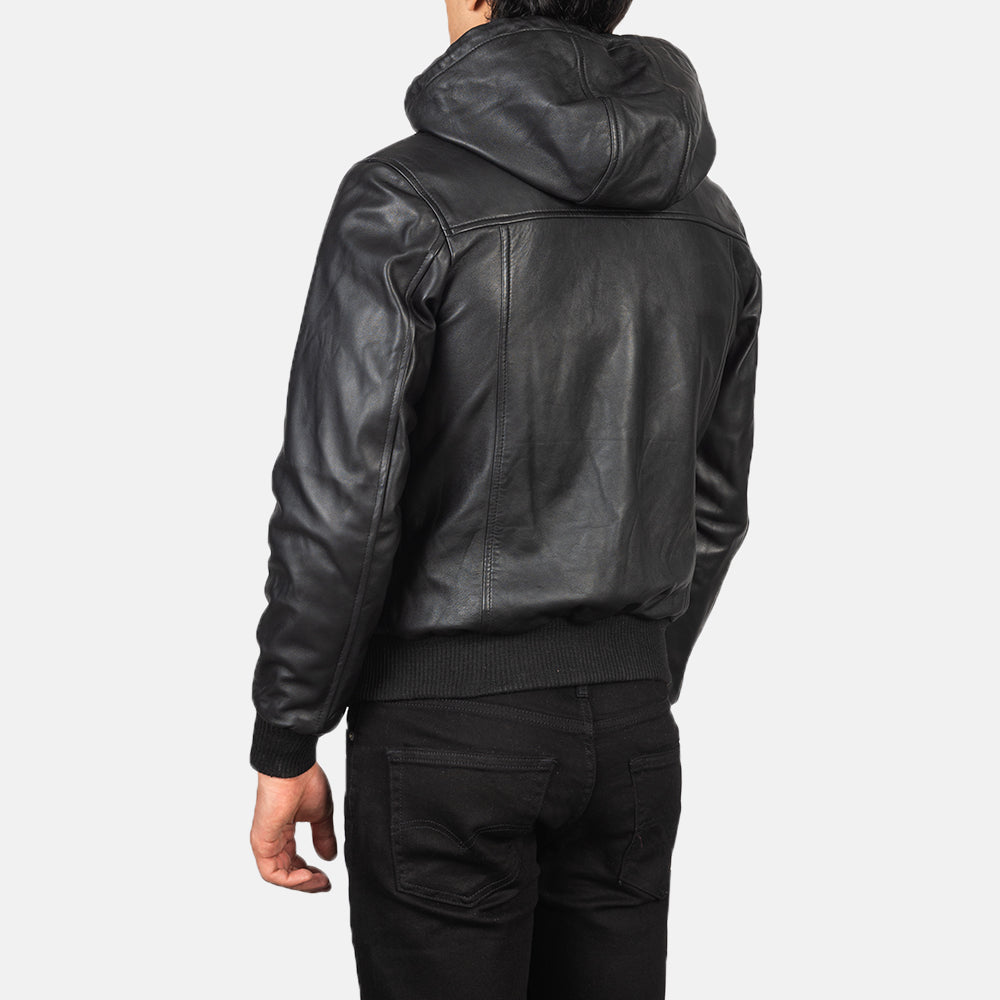 XAYWEAR Black Hooded Leather Bomber Jacket