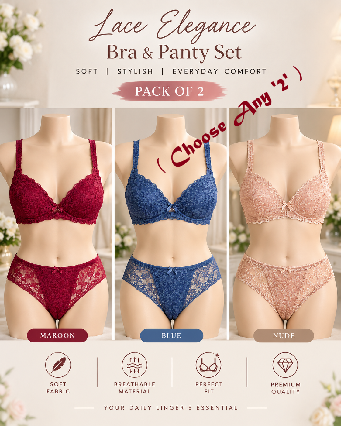 XAYWEAR Bridal Net Bra & Panty Set - PACK OF 2 Exclusive Deal